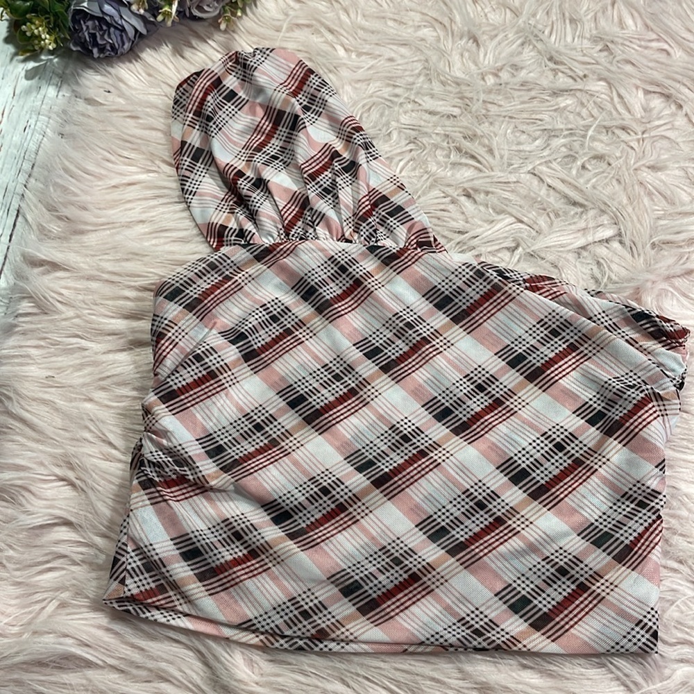 Verge Girl Day Trippers Plaid Mesh Pink One Shoulder Top - Picture 5 of 9